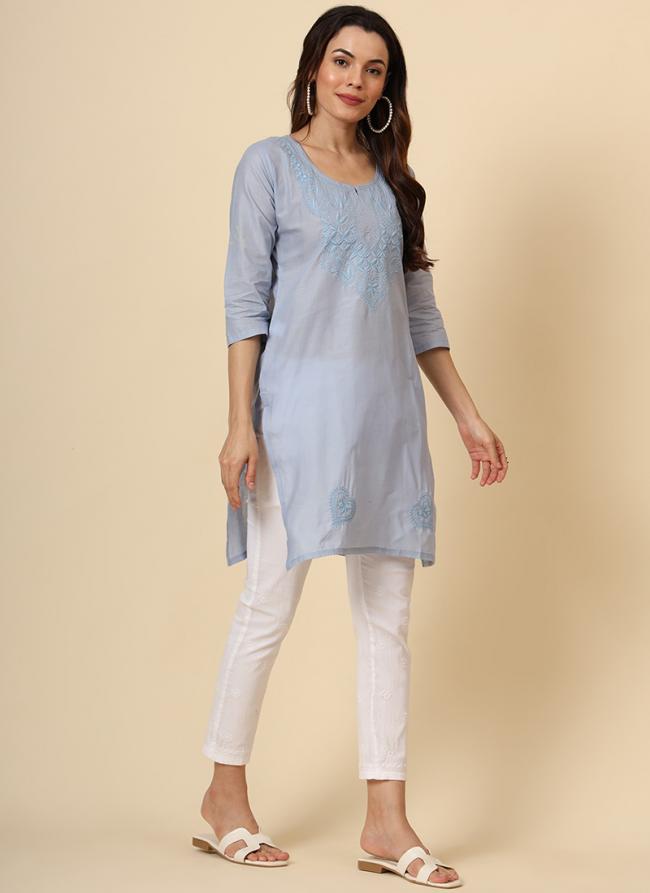 Cotton Sky Blue Daily Wear Embroidery Work Readymade Kurti